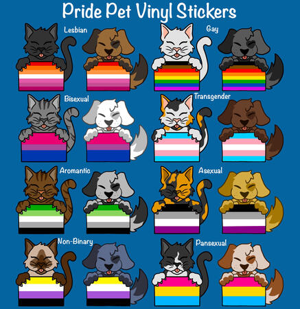 pride pet designs, available as stickers (cats, dogs) and charms (dogs)